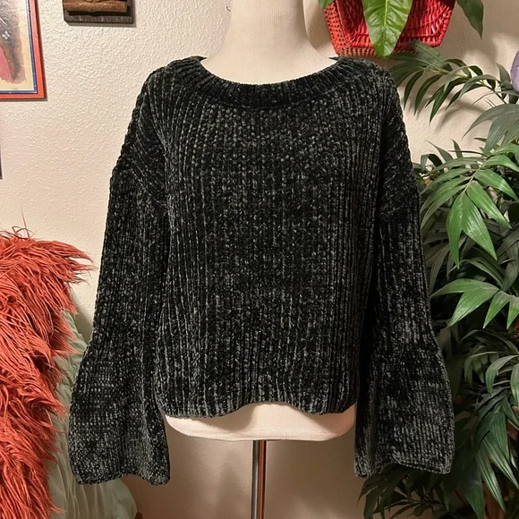 Express Size S Black Crew Neck Sweater with Bell Sleeves - Picture 2 of 14